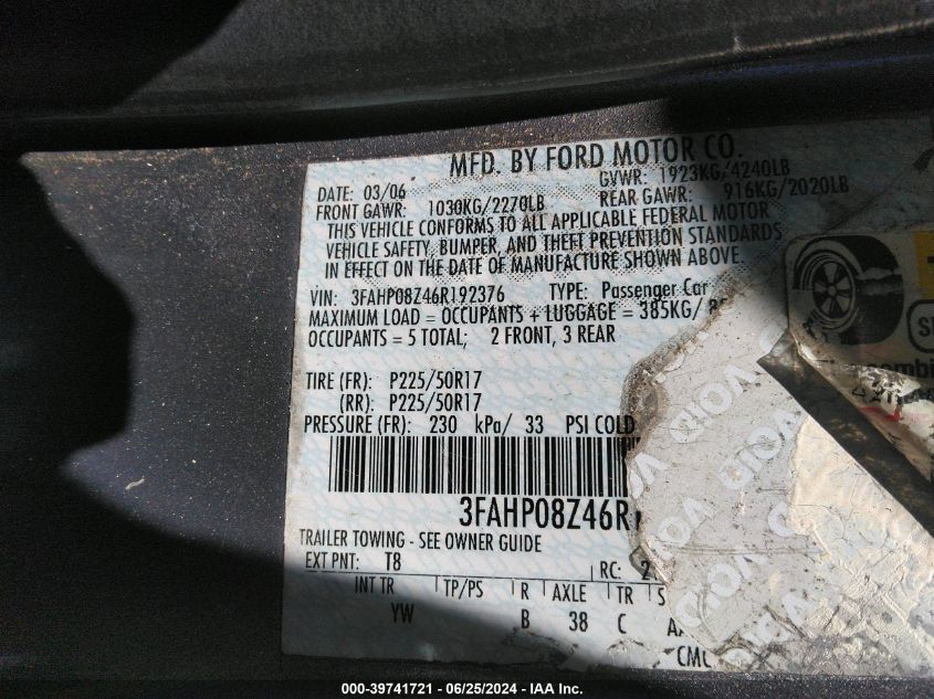 2006 Ford Fusion Sel VIN: 3FAHP08Z46R192376 Lot: 39741721