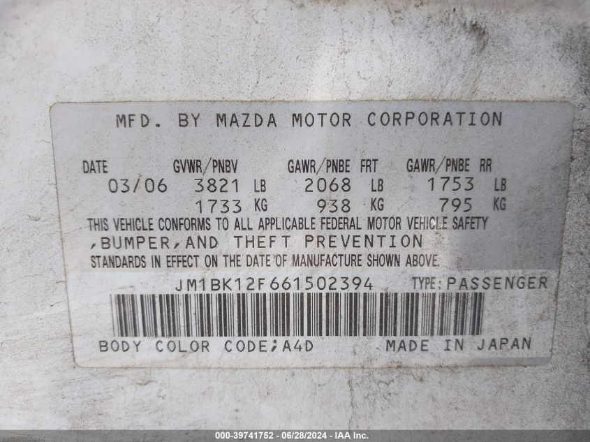 2006 Mazda Mazda3 I VIN: JM1BK12F661502394 Lot: 39741752