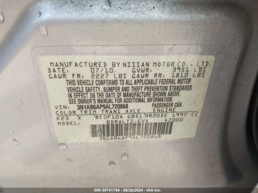 2010 Nissan Sentra 2.0Sr VIN: 3N1AB6AP9AL720868 Lot: 39741754