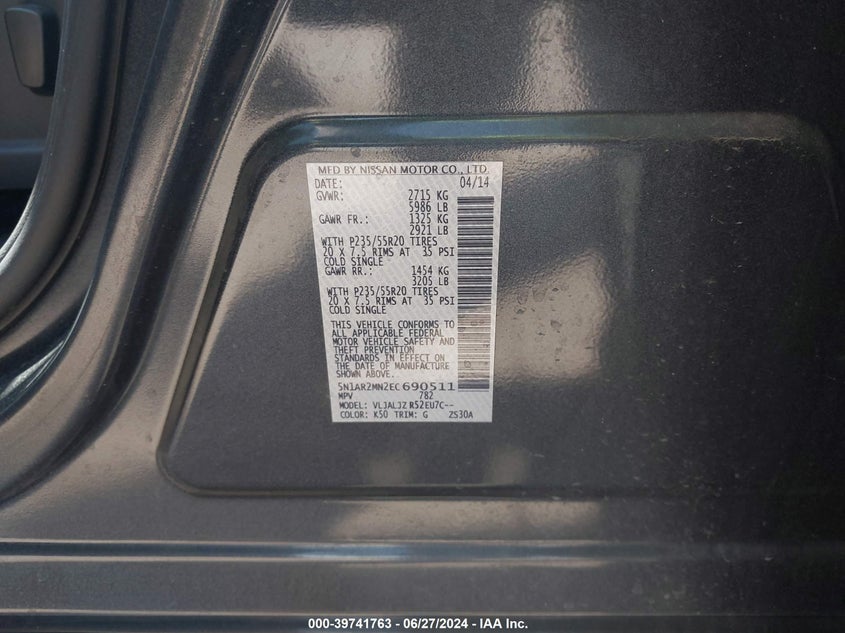 2014 Nissan Pathfinder Platinum VIN: 5N1AR2MN2EC690511 Lot: 39741763