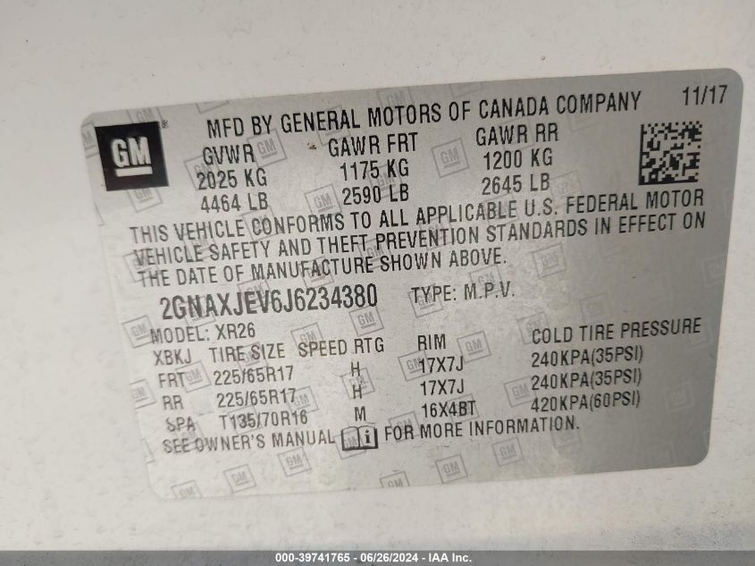 2018 Chevrolet Equinox Lt VIN: 2GNAXJEV6J6234380 Lot: 39741765