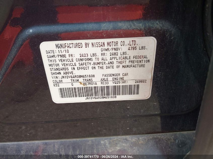 2011 Infiniti G25X VIN: JN1DV6AR0BM451608 Lot: 39741770