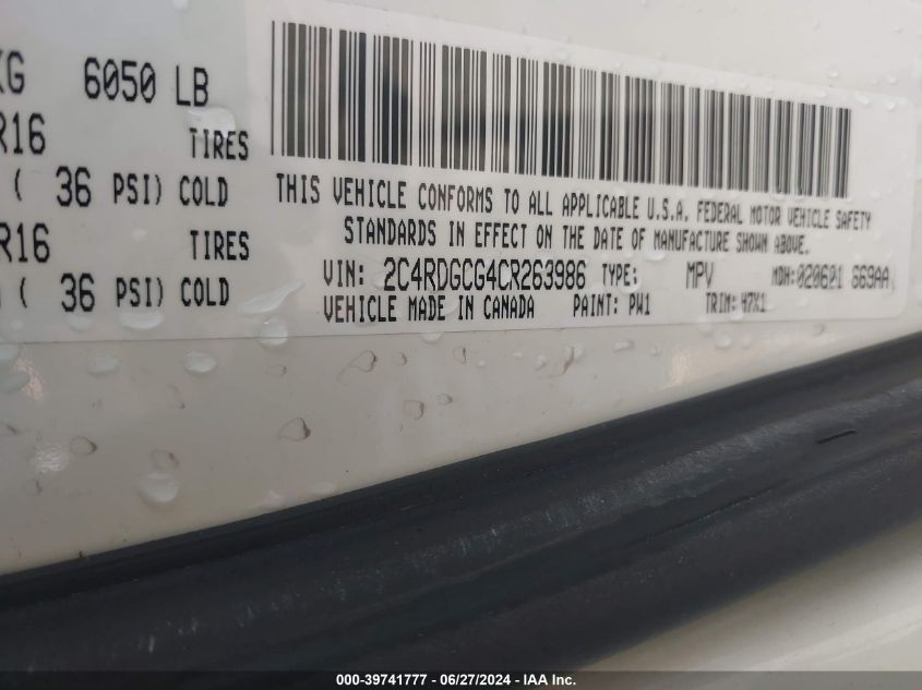 2012 Dodge Grand Caravan Sxt VIN: 2C4RDGCG4CR263986 Lot: 39741777