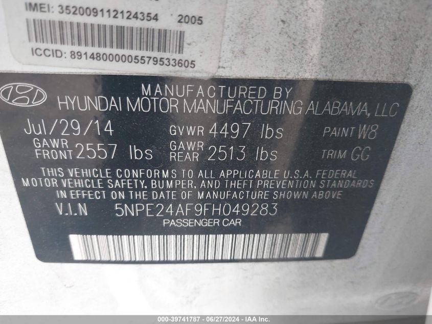 2015 Hyundai Sonata Se VIN: 5NPE24AF9FH049283 Lot: 39741787