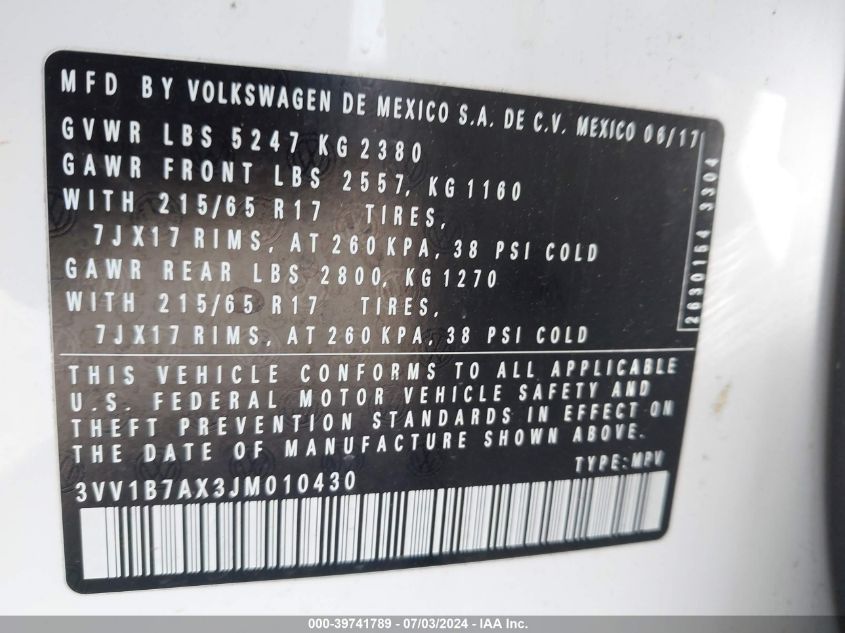 2018 Volkswagen Tiguan 2.0T S VIN: 3VV1B7AX3JM010430 Lot: 39741789