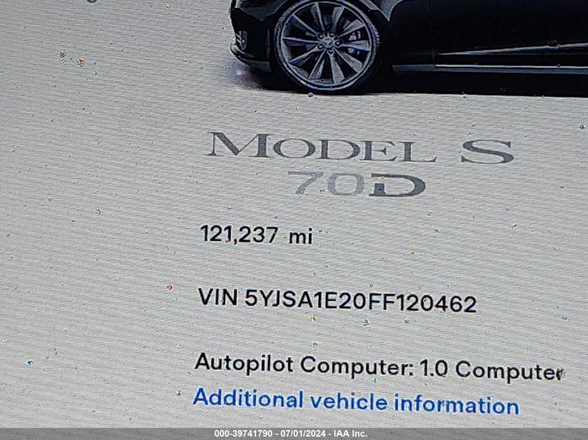 2015 Tesla Model S 70D/85D/P85D VIN: 5YJSA1E20FF120462 Lot: 39741790