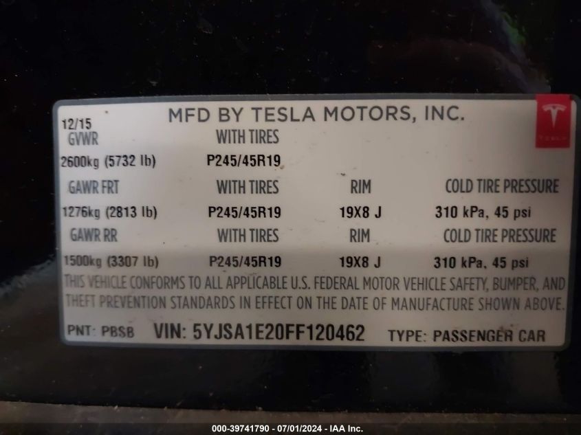 2015 Tesla Model S 70D/85D/P85D VIN: 5YJSA1E20FF120462 Lot: 39741790