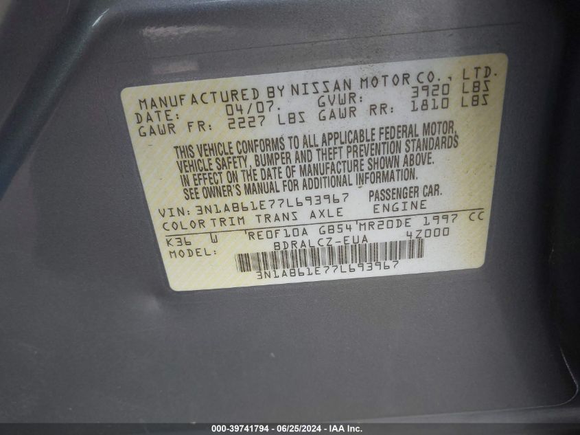 2007 Nissan Sentra 2.0 VIN: 3N1AB61E77L693967 Lot: 39741794