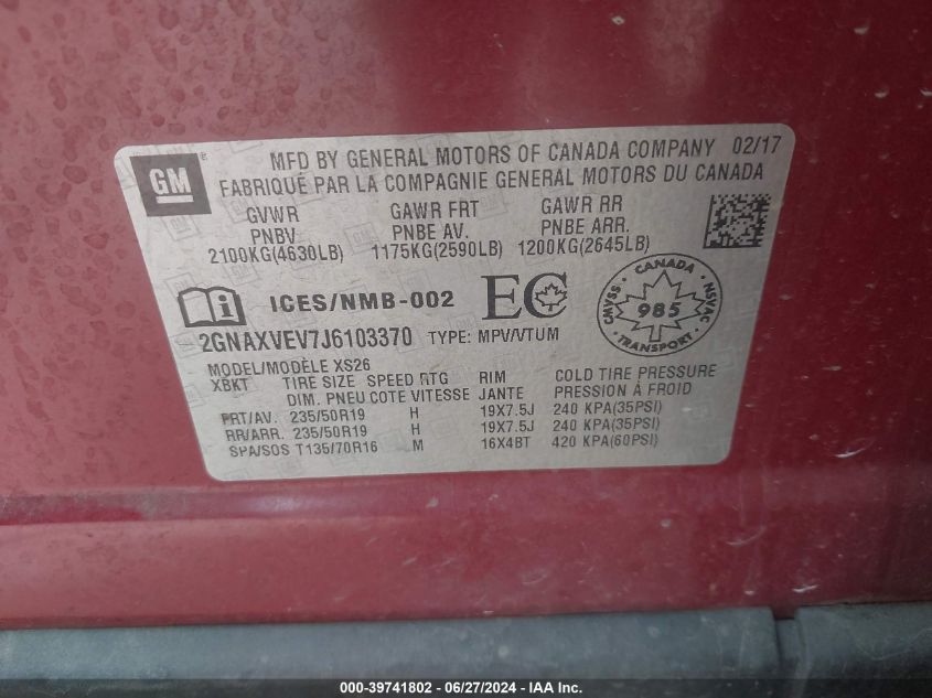 2018 Chevrolet Equinox Premier VIN: 2GNAXVEV7J6103370 Lot: 39741802