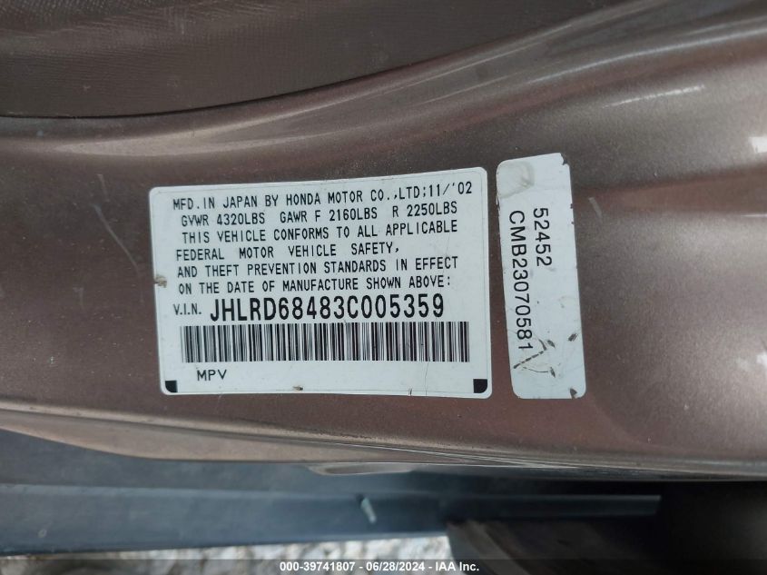 2003 Honda Cr-V Lx VIN: JHLRD68483C005359 Lot: 39741807