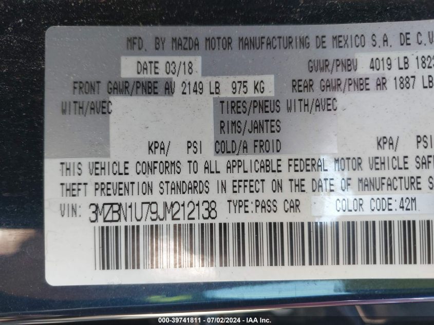 2018 Mazda Mazda3 Sport VIN: 3MZBN1U79JM212138 Lot: 39741811