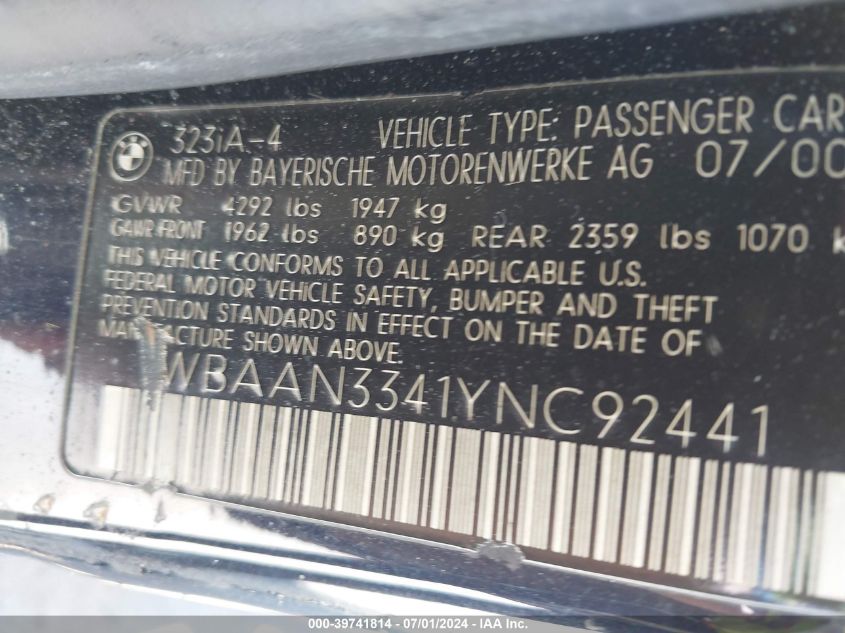 2000 BMW 323I VIN: WBAAN3341YNC92441 Lot: 39741814