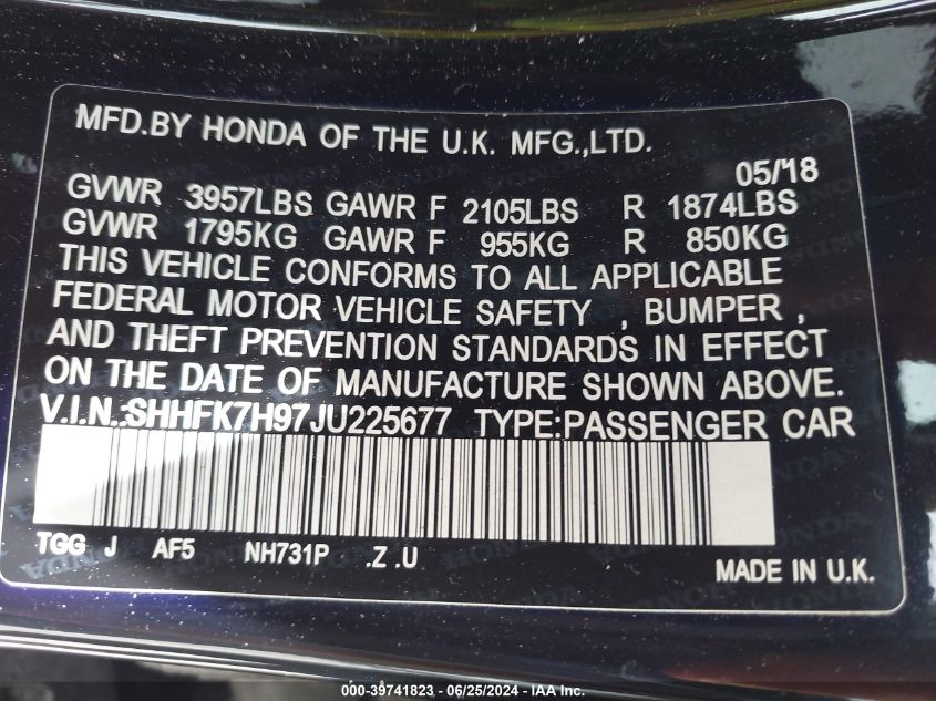 2018 Honda Civic Sport Touring VIN: SHHFK7H97JU225677 Lot: 39741823