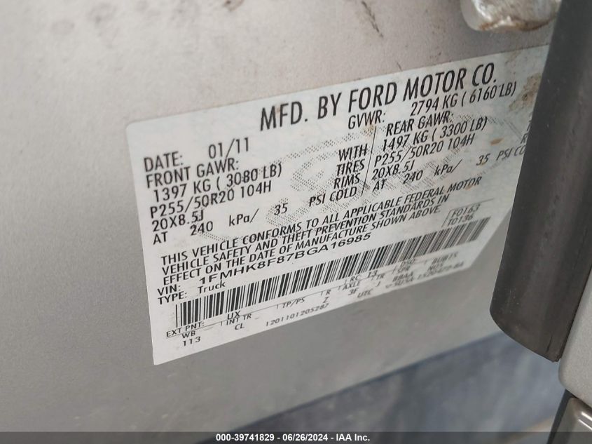 2011 Ford Explorer Limited VIN: 1FMHK8F87BGA16985 Lot: 39741829