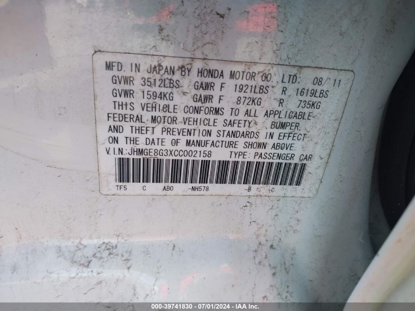 2012 Honda Fit VIN: JHMGE8G3XCC002158 Lot: 39741830