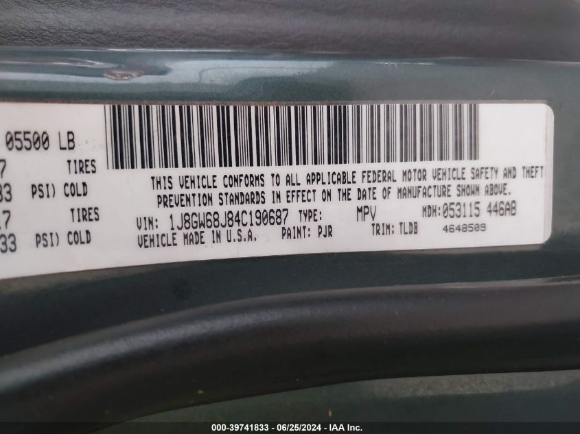 2004 Jeep Grand Cherokee Overland VIN: 1J8GW68J84C190687 Lot: 39741833