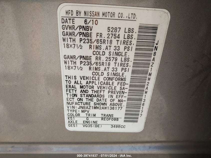 2010 Nissan Murano Sl VIN: JN8AZ1MW2AW136177 Lot: 39741837