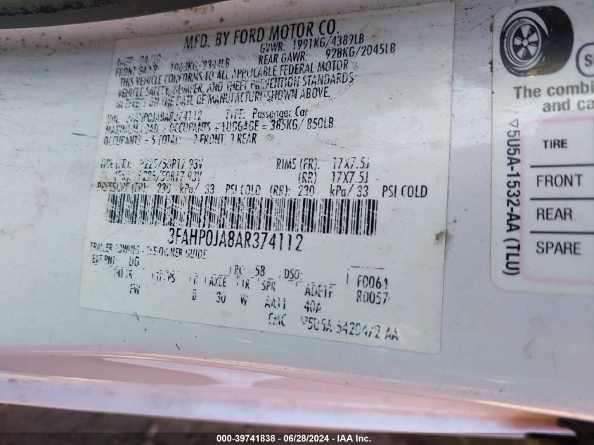 2010 Ford Fusion Sel VIN: 3FAHP0JA8AR374112 Lot: 39741838