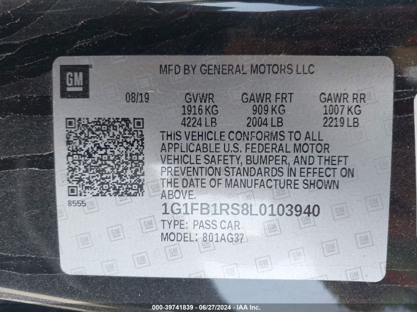 2020 Chevrolet Camaro Rwd 1Lt VIN: 1G1FB1RS8L0103940 Lot: 39741839