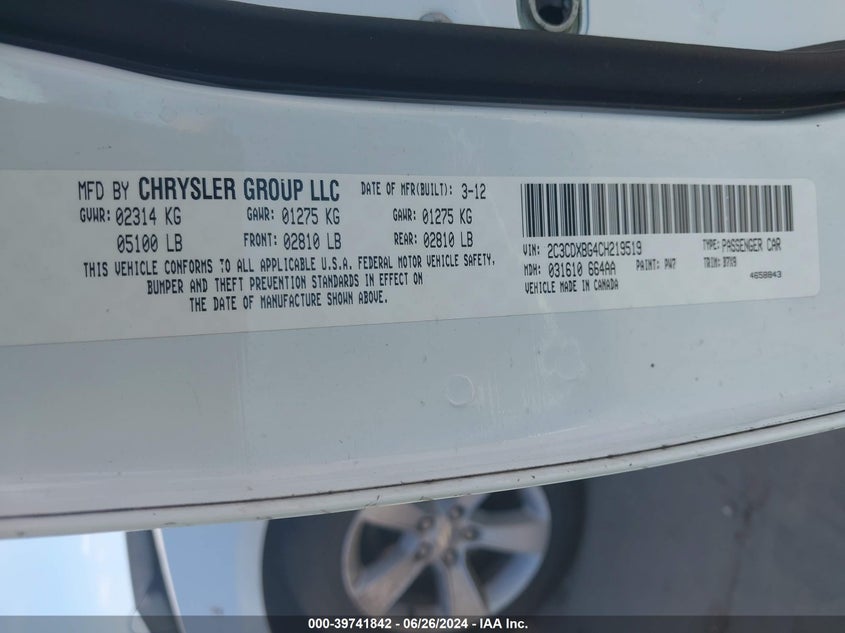 2012 Dodge Charger Se VIN: 2C3CDXBG4CH219519 Lot: 39741842