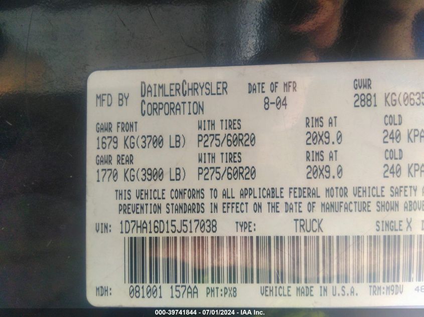 2005 Dodge Ram 1500 Slt/Laramie VIN: 1D7HA16D15J517038 Lot: 39741844