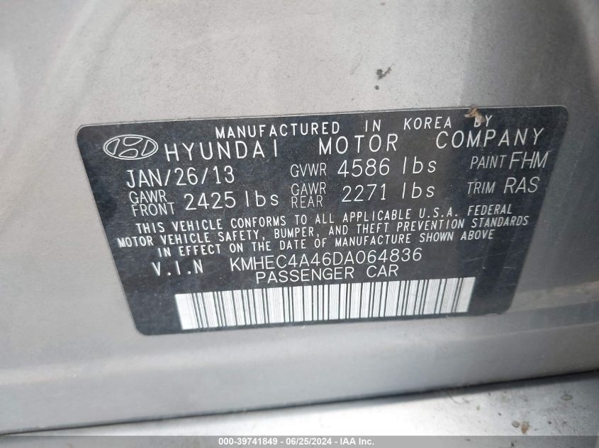 2013 Hyundai Sonata Hybrid VIN: KMHEC4A46DA064836 Lot: 39741849