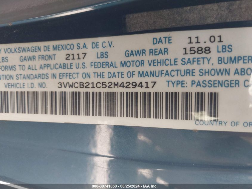 2002 Volkswagen New Beetle Gls VIN: 3VWCB21C52M429417 Lot: 39741850