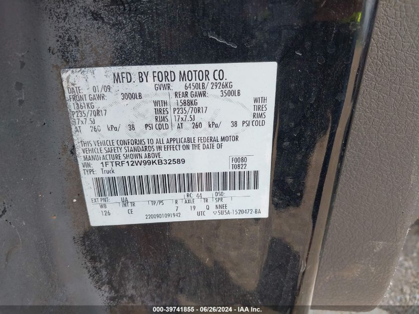 2009 Ford F-150 Stx/Xl/Xlt VIN: 1FTRF12W99KB32589 Lot: 39741855