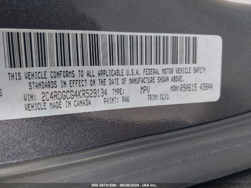 2019 Dodge Grand Caravan Sxt VIN: 2C4RDGCG4KR529134 Lot: 39741860