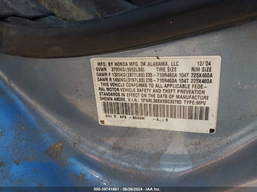 2005 Honda Odyssey Touring VIN: 5FNRL388X5B039780 Lot: 39741861