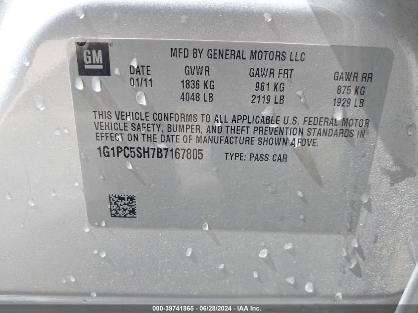 2011 Chevrolet Cruze Ls VIN: 1G1PC5SH7B7167805 Lot: 39741865