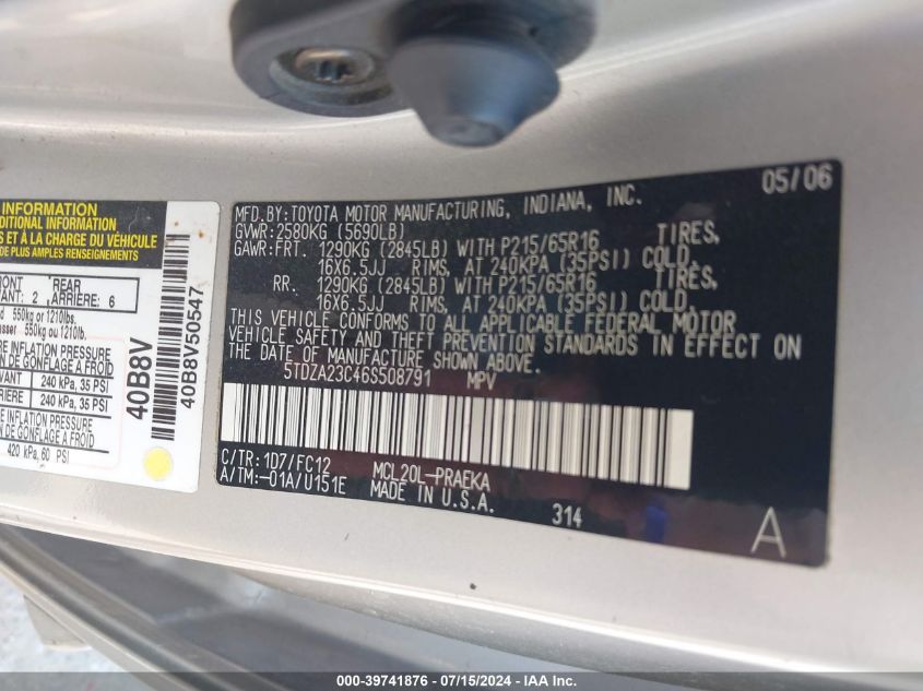 2006 Toyota Sienna Le VIN: 5TDZA23C46S508791 Lot: 39741876