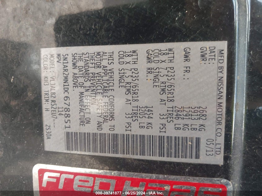 2013 Nissan Pathfinder S VIN: 5N1AR2MN1DC678851 Lot: 39741877