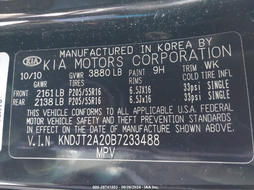 2011 Kia Soul + VIN: KNDJT2A20B7233488 Lot: 39741883