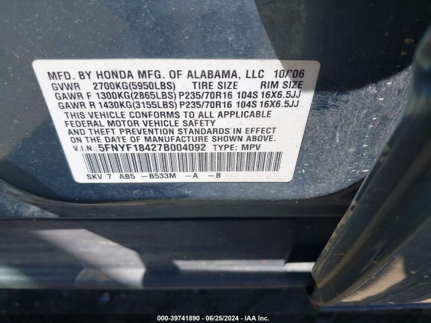2007 Honda Pilot Ex VIN: 5FNYF18427B004092 Lot: 39741890