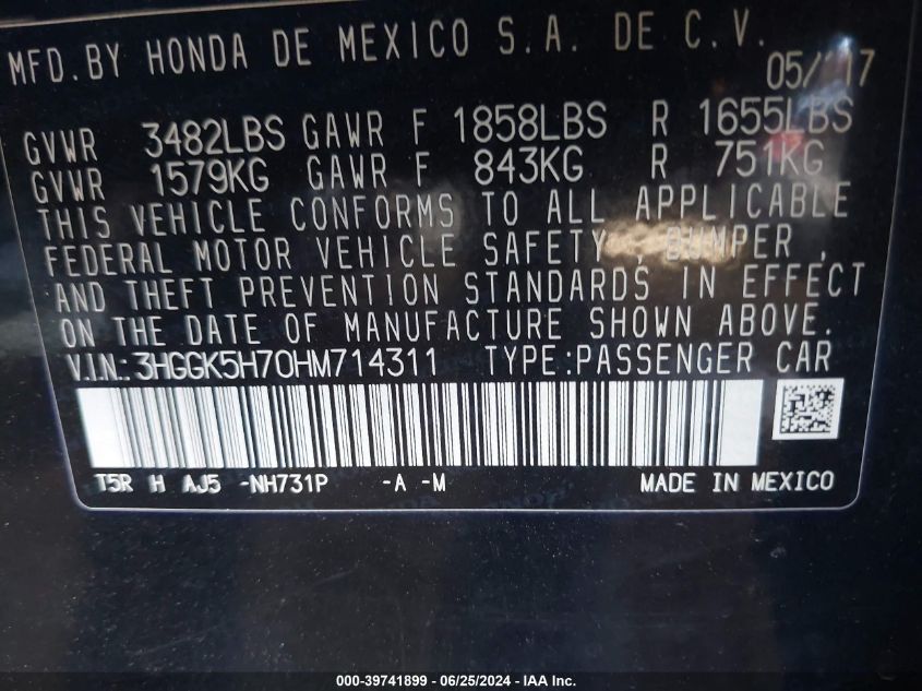 2017 Honda Fit Ex VIN: 3HGGK5H70HM714311 Lot: 39741899