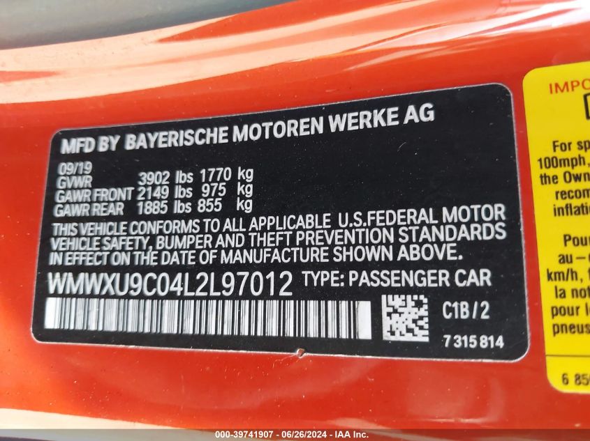 2020 Mini Cooper S VIN: WMWXU9C04L2L97012 Lot: 39741907