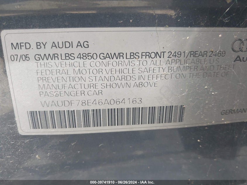 2006 Audi A4 2.0T VIN: WAUDF78E46A064163 Lot: 39741910
