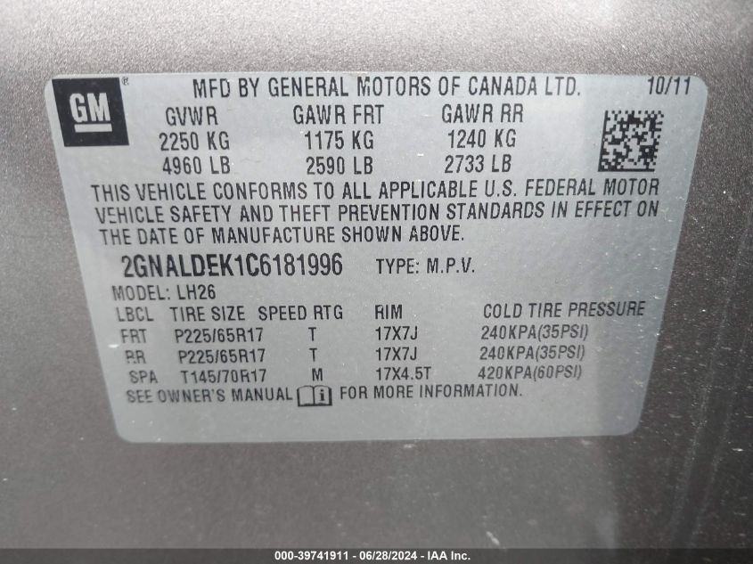 2012 Chevrolet Equinox 1Lt VIN: 2GNALDEK1C6181996 Lot: 39741911