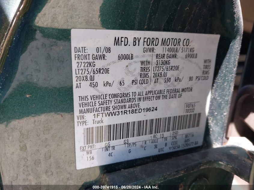 2008 Ford F-350 Fx4/Harley-Davidson/King Ranch/Lariat/Xl/Xlt VIN: 1FTWW31R18ED19624 Lot: 39741915