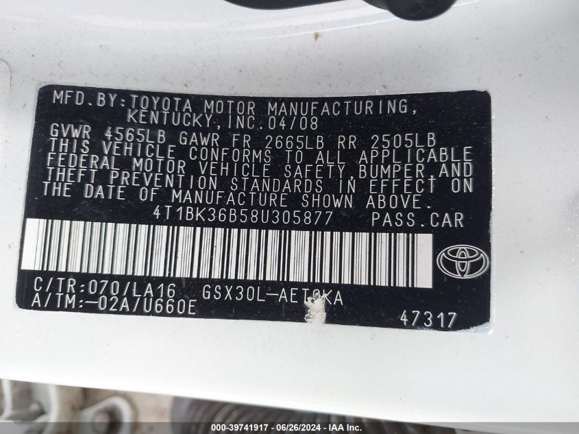 2008 Toyota Avalon Limited/Touring/Xl/Xls VIN: 4T1BK36B58U305877 Lot: 39741917