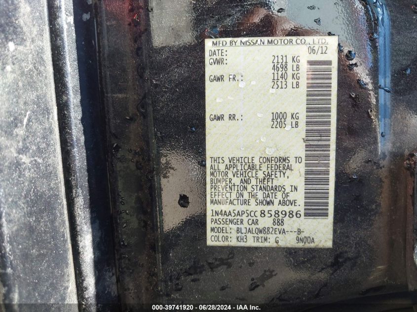 2012 Nissan Maxima 3.5 S VIN: 1N4AA5AP5CC858986 Lot: 39741920