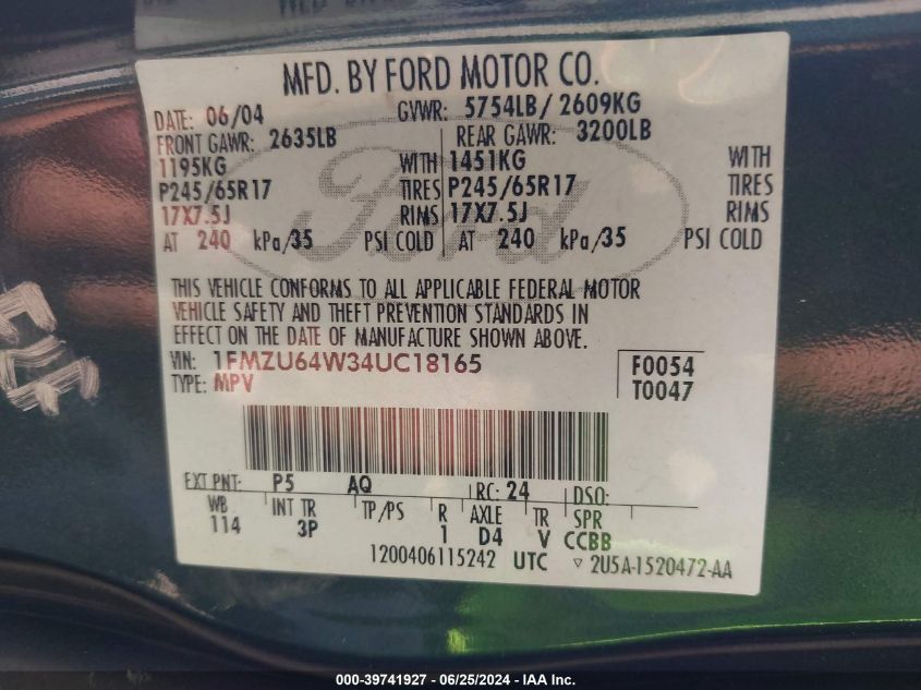 2004 Ford Explorer Eddie Bauer VIN: 1FMZU64W34UC18165 Lot: 39741927