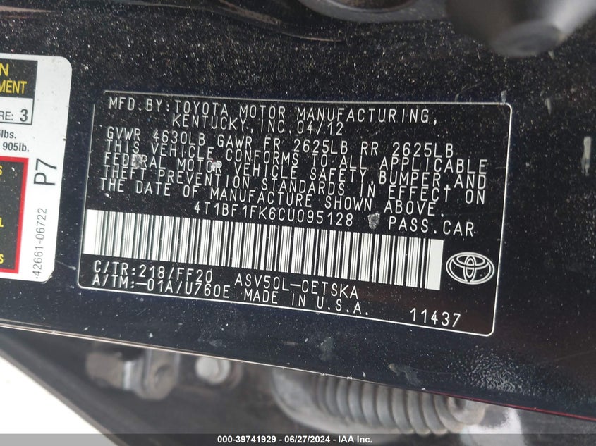 2012 Toyota Camry Se VIN: 4T1BF1FK6CU095128 Lot: 39741929