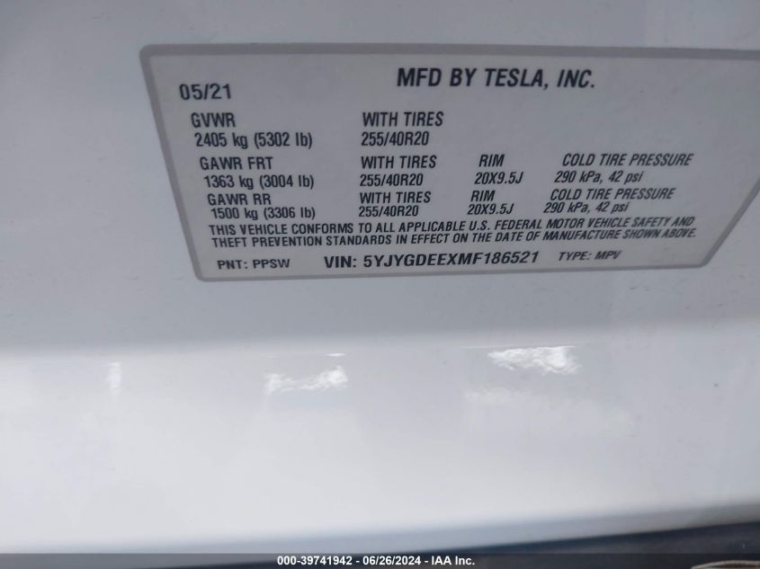 2021 Tesla Model Y Long Range Dual Motor All-Wheel Drive VIN: 5YJYGDEEXMF186521 Lot: 39741942