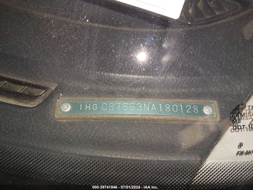 1992 Honda Accord Lx VIN: 1HGCB7553NA180128 Lot: 39741946