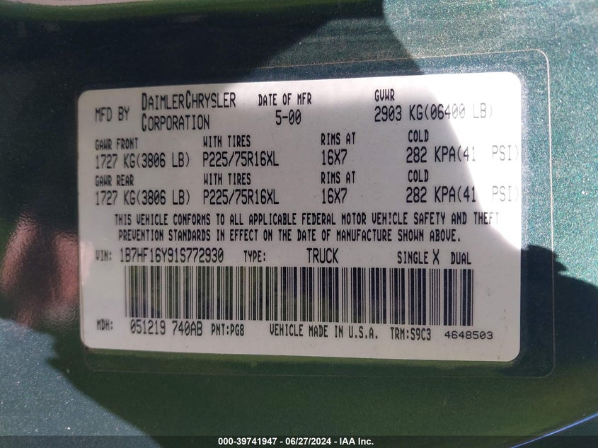 2001 Dodge Ram 1500 St VIN: 1B7HF16Y91S772930 Lot: 39741947