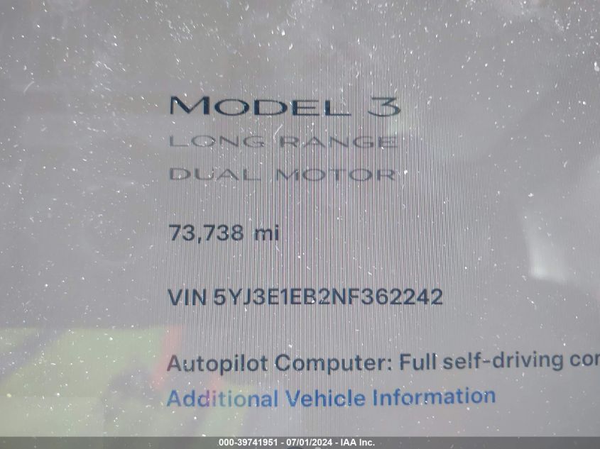 2022 Tesla Model 3 Long Range Dual Motor All-Wheel Drive VIN: 5YJ3E1EB2NF362242 Lot: 39741951