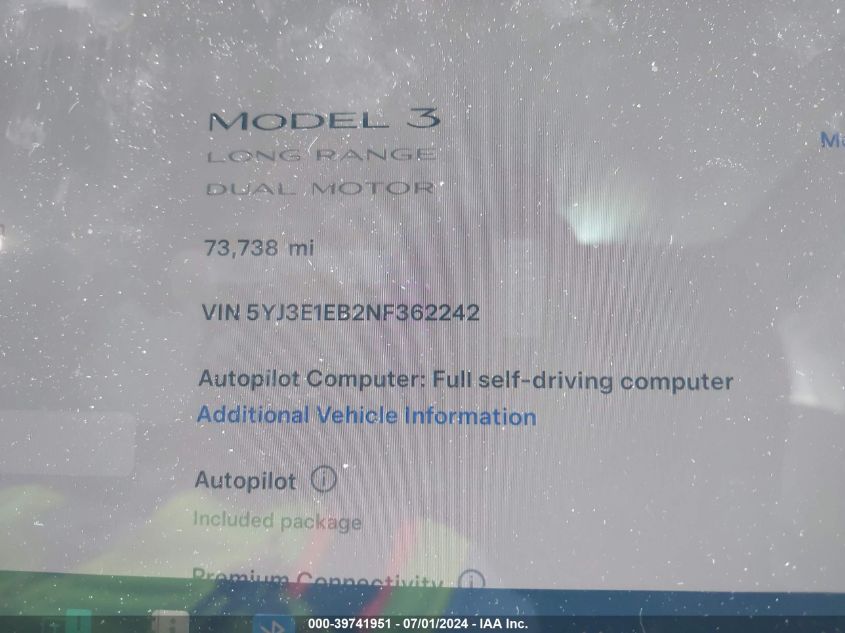 2022 Tesla Model 3 Long Range Dual Motor All-Wheel Drive VIN: 5YJ3E1EB2NF362242 Lot: 39741951