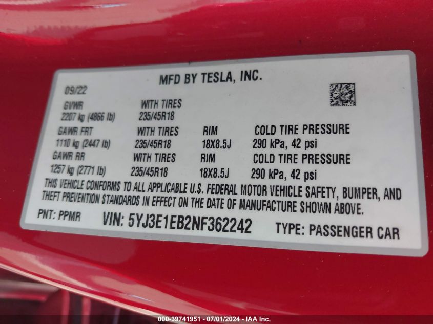 2022 Tesla Model 3 Long Range Dual Motor All-Wheel Drive VIN: 5YJ3E1EB2NF362242 Lot: 39741951